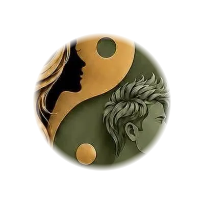 The Venus and Mars emblem: a yin yang formed from a gold woman's profile and a sage green man's profile